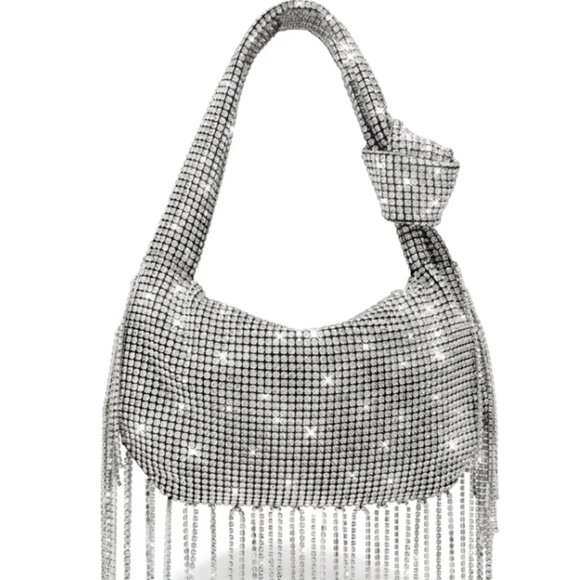L ARTISTE SILVER RHINSTONE CRYSTAL FRINGED KNOTTED HANDLE HAND BAG - Picture 9 of 9